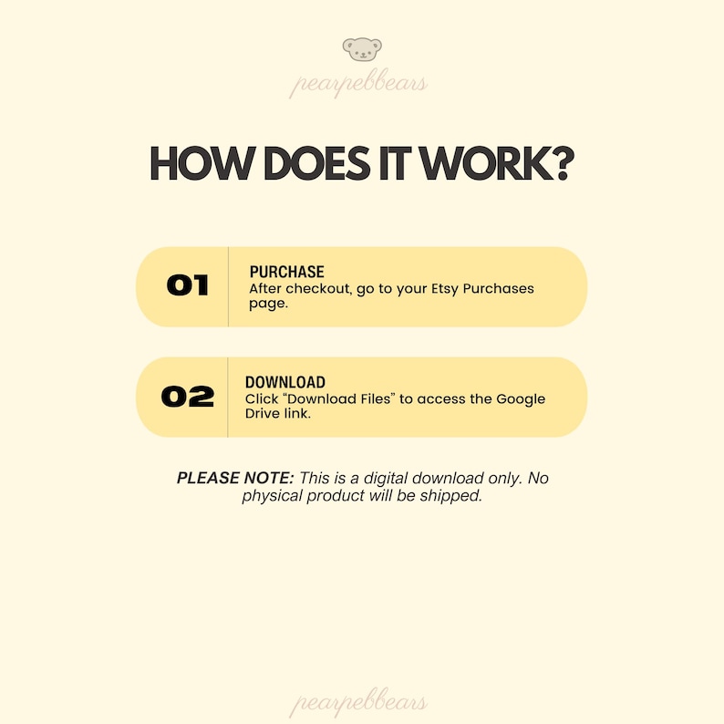 May include: A light yellow graphic with the text "HOW DOES IT WORK?" and instructions for digital downloads. The steps are numbered and include "PURCHASE" and "DOWNLOAD" with additional details. The image also includes the text "PLEASE NOTE: This is a digital download only. No physical product will be shipped."
