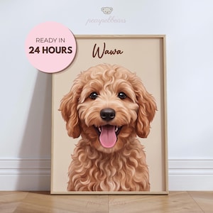 May include: A framed digital portrait of a curly-haired golden dog with a happy expression, tongue out, and dark eyes. The name Wawa is printed in brown script above the dog. A pink circular badge reads READY IN 24 HOURS in brown text.