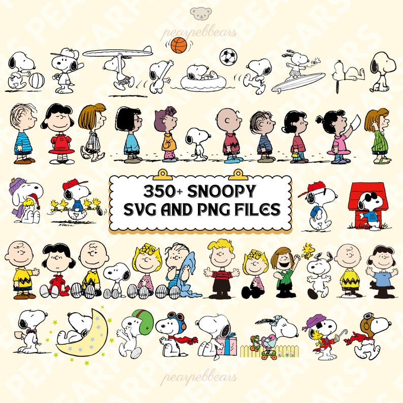 May include: A selection of Snoopy and Peanuts characters in different poses. The image features the text "350+ Snoopy SVG and PNG Files". The characters are in black and white with some colour accents, set against a cream background.