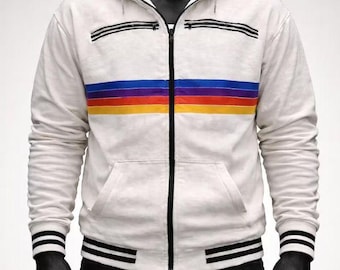 Projekt Ave Mary Kapuzenpullover | Rayan Gosling Pullover | Weiße Fleecejacke mit Reißverschluss in Regenbogenstreifen