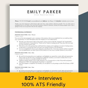 May include: A white resume template with the name "EMILY PARKER" at the top. The resume includes sections for professional experience and contact information. The bottom of the resume has the text "827+ Interviews" and "100% ATS Friendly".
