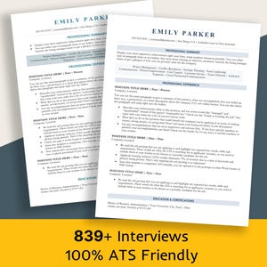 以下が含まれることがあります： 上部に「Emily Parker」という名前が入った2つの白い履歴書のテンプレート。履歴書には、職務要約、経験、学歴のセクションがあります。画像の下部には「839+ Interviews」と「100% ATS Friendly」というテキストが表示されています。