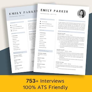 Może przedstawiać: Dwa szablony CV z imieniem "Emily Parker" i tytułem "Professional Job Title". CV zawierają sekcje z danymi kontaktowymi, umiejętnościami, doświadczeniem zawodowym i wykształceniem. Na dole obrazu znajduje się tekst "753+ Interviews 100% ATS Friendly."