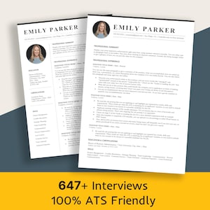 Op de afbeelding: Twee witte cv-sjablonen met de naam "EMILY PARKER" bovenaan. De cv's bevatten secties voor professionele samenvatting, ervaring, opleiding en vaardigheden. De onderkant van de afbeelding luidt "647+ Interviews 100% ATS Friendly."