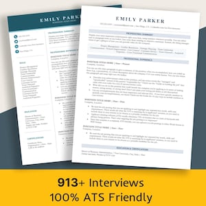 Op de afbeelding: Twee pagina's tellende cv-sjabloon met een turquoise koptekst en tekst. Het cv bevat secties voor professionele samenvatting, ervaring, vaardigheden, opleiding en certificeringen. De onderkant van de afbeelding heeft de tekst "913+ Interviews 100% ATS Friendly."