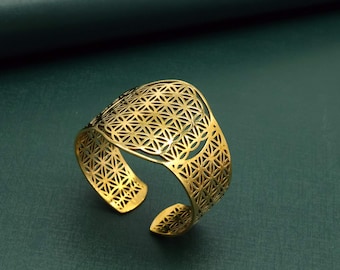 Pulseira dourada Flor da Vida - Bracelete geométrico hexagonal