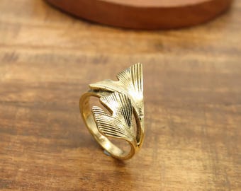 Brass Feather Ring: Gold Botanical Jewellery,Modern ring