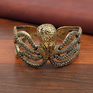 Octopus Arm Cuff Bracelet, Antique Brass  Jewelry, Nautical Statement Armlet,