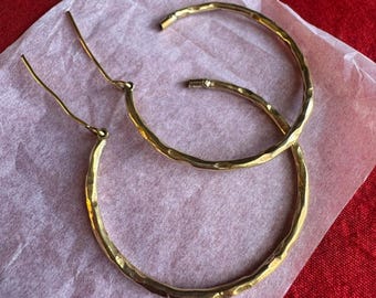 Handmade Brass Gold Hoop Earrings: Large Hammered Hoops