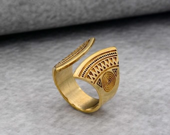 Gold Brass Bypass Ring: Adjustable Open Band Statement Ring