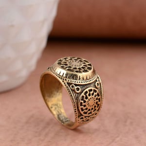 Vintage Sun Symbol Statement Ring – Handmade Brass Boho Band