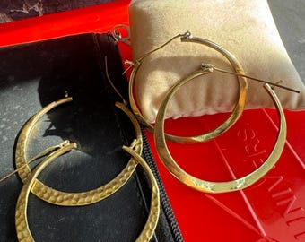 Handmade Brass Gold Hoop Earrings: Large Hammered Hoops