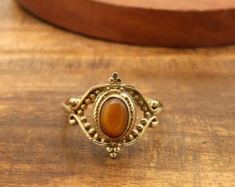Brass Tiger Eye Mandala Ring - Vintage Boho Style