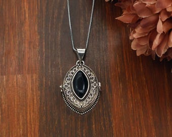 Vintage Poison Pillbox Choker Locket Silver, Obsidian Necklace, gift for her