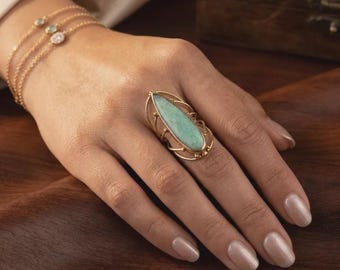Handmade Larimar Ring Gold Large  teardrop Gemstone  Brass Jewelry