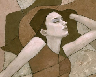 Art Nouveau Female Figure Painting, Signed Fine Art Print Rhea, Muted Brown Wall Art