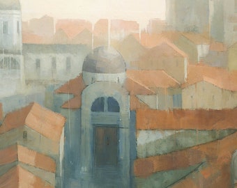 Dubrovnik Rooftops Croatia, Cityscape Painting Signed Giclee Art Print