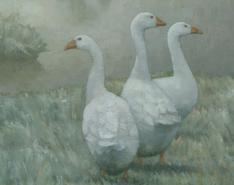 Pintura de gansos, impresión de arte Giclee firmada, obras de arte de paisajes de invierno silenciadas
