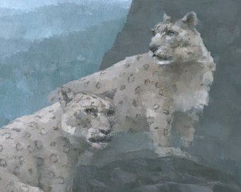 Snow Leopards Painting Signed Art Print