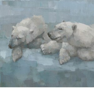 May include: An oil painting showing two polar bears on a light blue and grey background. The bears are white with grey shading, and the artwork has a textured, painterly style. The overall theme is wildlife.