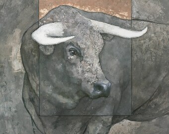 Mixed Media Bull Painting, Signed Fine Art Print