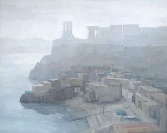 Valletta Harbour Malta Painting, Muted Landscape Cityscape Signed Art Print