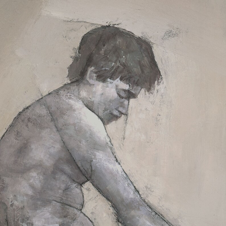 May include: A grayscale painting of a person with short hair, looking down, with their body turned to the side. The person is wearing a simple, loose-fitting garment. The background is a light beige.