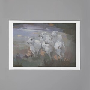 May include: A painting of a group of white sheep running through a field. The sheep are in a line, with the leader at the front and the others following behind. The field is a muted green and brown color, with a hint of purple in the background.