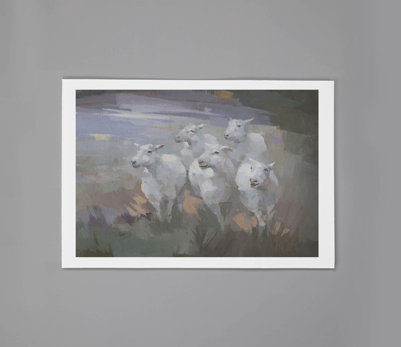 May include: A painting of a group of white sheep running through a field. The sheep are in a line, with the leader at the front and the others following behind. The field is a muted green and brown color, with a hint of purple in the background.