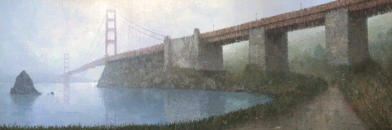 May include: A painting of a red bridge over a body of water. The bridge is surrounded by fog and the water is calm. The bridge is a popular landmark in the United States.
