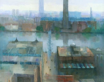 London Cityscape Painting, Signed Giclee Art Print, Tate Modern River Thames