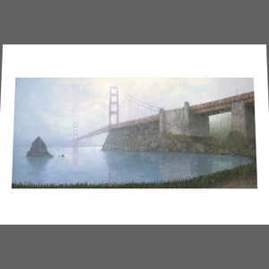 May include: A painting of the Golden Gate Bridge in San Francisco, California. The bridge is red and has a gray concrete base. The bridge is surrounded by fog and water. A small island is in the foreground.