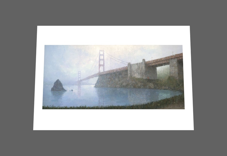 May include: A painting of the Golden Gate Bridge in San Francisco, California. The bridge is red and has a gray concrete base. The bridge is surrounded by fog and water. A small island is in the foreground.