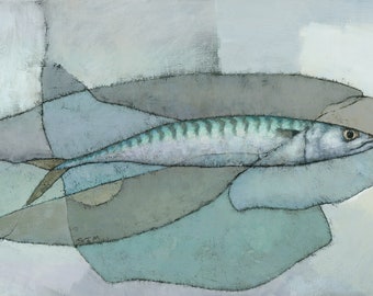 Mackerel Fish Abstract Painting Canvas Art Print, Neutral Grey Green Colours