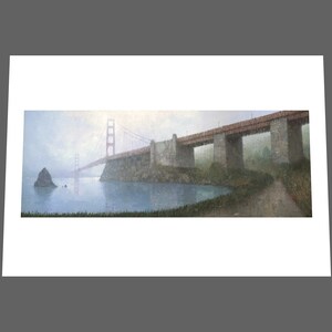 May include: A painting of the Golden Gate Bridge in San Francisco, California. The bridge is red and has a large tower on each side. The bridge is surrounded by fog and water. A small island is in the foreground.