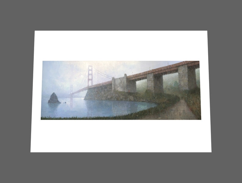 May include: A painting of the Golden Gate Bridge in San Francisco, California. The bridge is red and has a large tower on each side. The bridge is surrounded by fog and water. A small island is in the foreground.