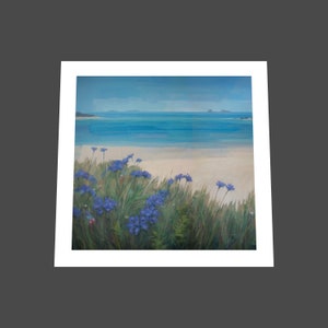 Scillies Beach Impressionist Landscape Painting Signed Print, Cornwall Blue Sea White Sands Art 15x15 inches