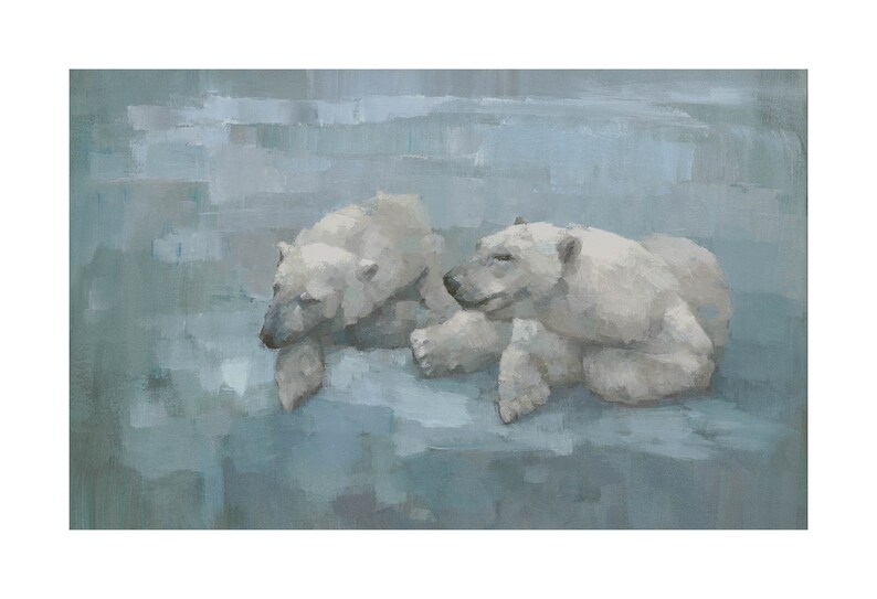 May include: An oil painting showing two polar bears on a light blue and grey background. The bears are white with grey shading, and the artwork has a textured, painterly style. The overall theme is wildlife.