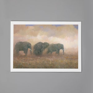 May include: A painting of three elephants walking through a field of tall grass. The elephants are gray and have long trunks. The background is a hazy, golden color.