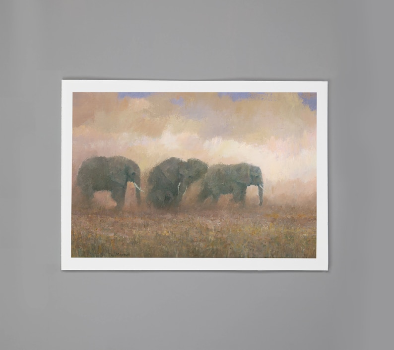May include: A painting of three elephants walking through a field of tall grass. The elephants are gray and have long trunks. The background is a hazy, golden color.