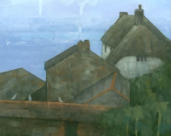 Cadgwith Cornwall, Cornish Fishing Village Thatched Cottage Painting, Signed Giclee Art Print