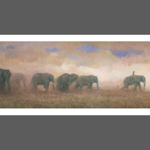 May include: A painting of a group of elephants walking through a dusty field. The elephants are all gray and have large ears. The sky is a pale blue with some clouds. A person is riding on the back of the last elephant.