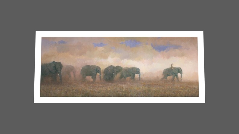 May include: A painting of a group of elephants walking through a dusty field. The elephants are all gray and have large ears. The sky is a pale blue with some clouds. A person is riding on the back of the last elephant.