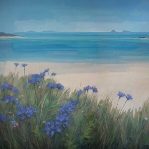 Scillies Beach Impressionist Landscape Painting Signed Print, Cornwall Blue Sea White Sands Art image 1