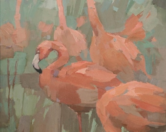 Pink Flamingos Painting, Signed Giclee Art Print