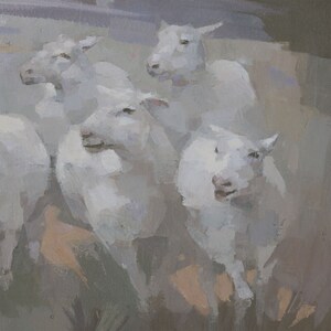 May include: A painting of a group of white sheep in a field. The sheep are all facing the same direction and appear to be moving forward. The painting is done in a loose, impressionistic style, with soft brushstrokes and muted colors.