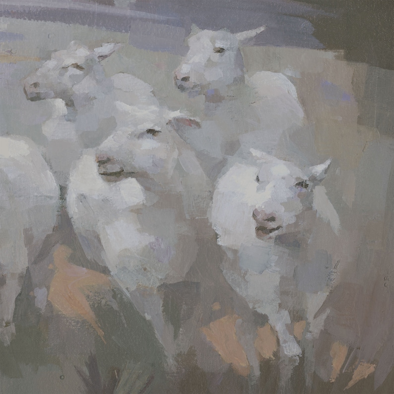 May include: A painting of a group of white sheep in a field. The sheep are all facing the same direction and appear to be moving forward. The painting is done in a loose, impressionistic style, with soft brushstrokes and muted colors.