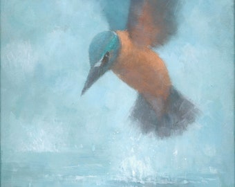 Kingfisher Bird Painting, Signed Fine Art Print, Flame in the Mist