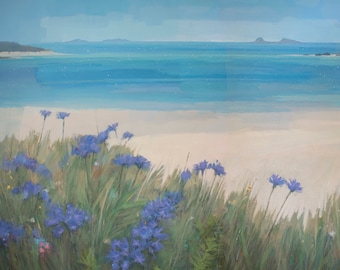 Scillies Beach Painting Canvas Art Print, Tresco Isles of Scilly, White Sands Blue Sea Art