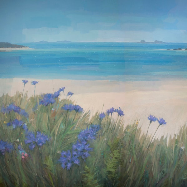 Scillies Beach peinture toile Art Print, Tresco Isles of Scilly, White Sands Blue Sea Art